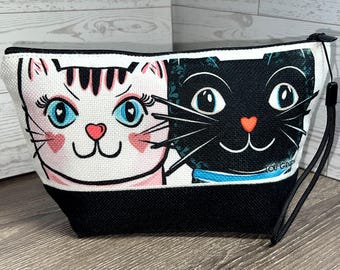 Cat Faces Small Zipper Pouch by LouGraphics | Pink &  Black Cat Faces | Travel, Pencil, Make-up Bag or Crossbody Bag