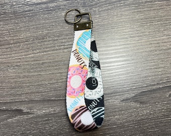 Donut  Wristlet Lanyard Keychain | Sweet Pattern in Pink, Blue, Brown and Purple | Double-sided | Key Strap for Wristlet Keychain | ID Badge