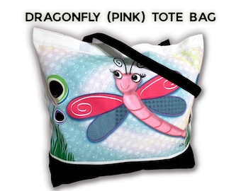Dragonfly (Pink) Tote Bag | With Abstract floral Design by LouGraphics | Reusable Cotton Polyester Summer Bag  | Bright Colorful