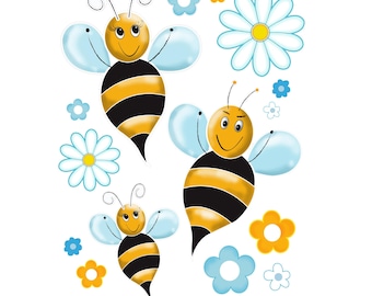 Bees and flower Wall Decals  |Repositionable • Removable • Reusable