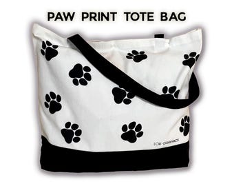 Paw Print Tote Bag | Reusable Cotton Polyester Summer Bag | Black & White Dog Pattern by LouGraphics | Reusable Canvas Bag