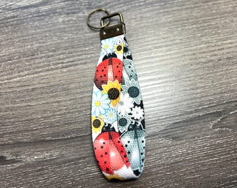 Happy Ladybug Wristlet Lanyard Keychain |  Bold Red & Black with Daisies | Double-sided  | Key Strap for Wristlet Keychain | ID Badge