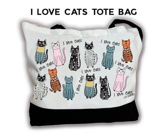 I love Cats Tote Bag | Cat Pattern by LouGraphics | Reusable Bag | Cat Print