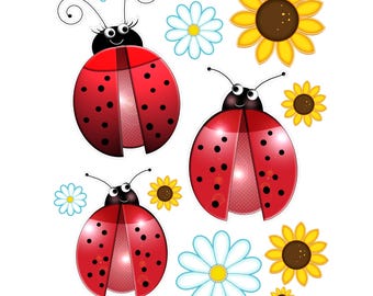 LadyBugs and flower Wall Decals  |Repositionable • Removable • Reusable