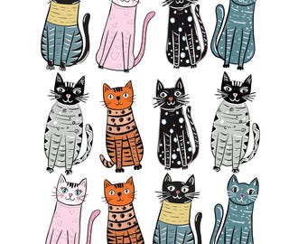 Set of 12 Cat Stickers | Wall Decals | Repositionable • Removable • Reusable