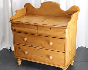 Antique Victorian stripped pine chest of drawers, gallery back, 19th century