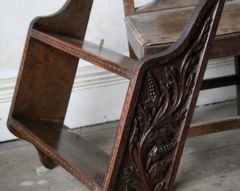 Antique early 20th century art and crafts carved oak bookshelf, shelving unit, spice rack