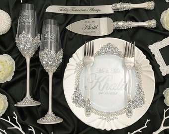 cake cutting set wedding, toasting flutes, wedding personalised champagne glasses, wedding cake knife and server set, silver wedding set