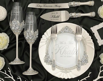 cake cutting set, toasting flutes, wedding personalized glasses, wedding cake knife