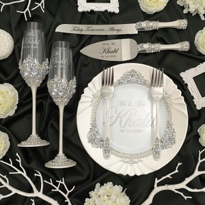 cake cutting set wedding, toasting flutes, wedding personalised champagne glasses, wedding cake knife and server set, silver wedding set