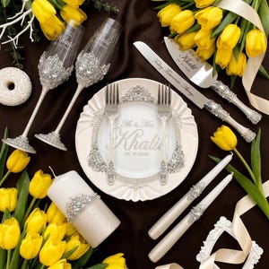 Wedding champagne glasses and personalized cake server set