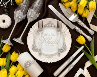 Wedding champagne glasses and personalized cake server set