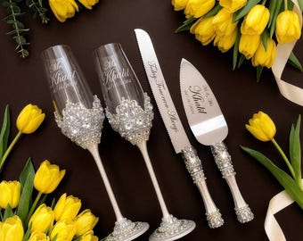 Wedding gift champagne glasses and personalized cake server set
