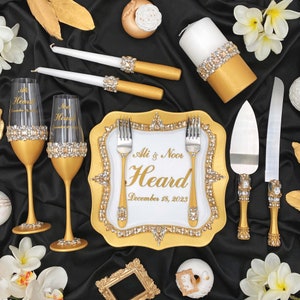 Gold wedding cake cutting set, bling wedding cake server set and knife,  champagne wedding glasses