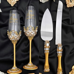 Wedding cake knife, toasting wedding flutes, gold cake cutting set wedding, gold wedding anniversary 50th