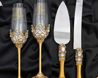 Wedding cake knife, toasting wedding flutes, gold cake cutting set wedding, gold wedding anniversary 50th