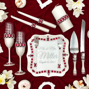 Wedding serving set silver, red cake cutting set wedding,  champagne glasses wedding, personalised wedding flutes