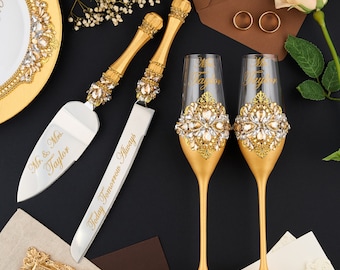 Engraved Wedding Champagne Flutes and Cake Cutting Set