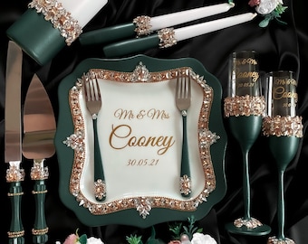 Emerald cake knife wedding set, emerald cake cutting set wedding, champagne flute wedding, personalised wedding glasses