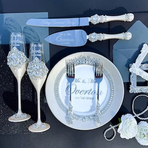 Cake serving set wedding, cake cutting set wedding personalized, wedding cake knife and server, wedding cake cutter set, wedding glasses Set of 7 items