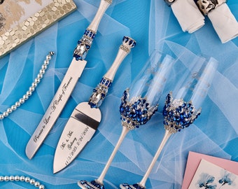 Blue silver wedding cake cutting set, personalized glasses, cake serving set, wedding cake knife and flutes for bride and groom