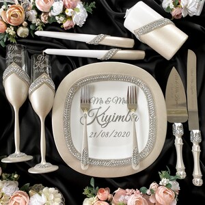 Silver wedding cake server set, wedding cake knife and server, wedding plate and forks, unity candles set