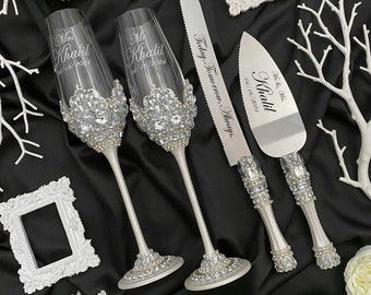 wedding cake cutting set, personalized glasses, cake serving set, wedding cake knife and flutes for bride and groom