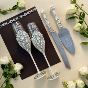Wedding glasses set, cake cutting set wedding engraved, wedding cake knife and server, wedding cake cutter set