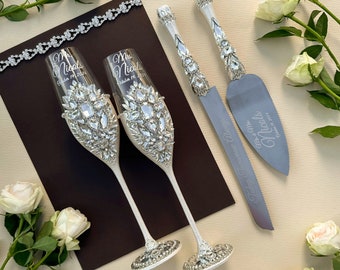 Wedding glasses set, cake cutting set wedding engraved, wedding cake knife and server, wedding cake cutter set