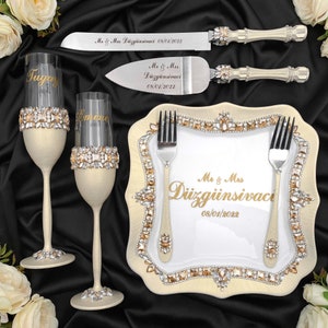 Ivory wedding cake cutter set, wedding cake server set and knife, champagne wedding glasses,  wedding decor