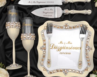 Ivory wedding cake cutter set, wedding cake server set and knife, champagne wedding glasses,  wedding decor