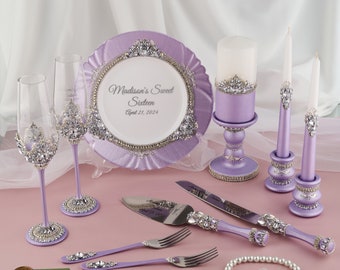 Purple wedding cake cutting set, toasting flutes, wedding personalized glasses, wedding cake knife
