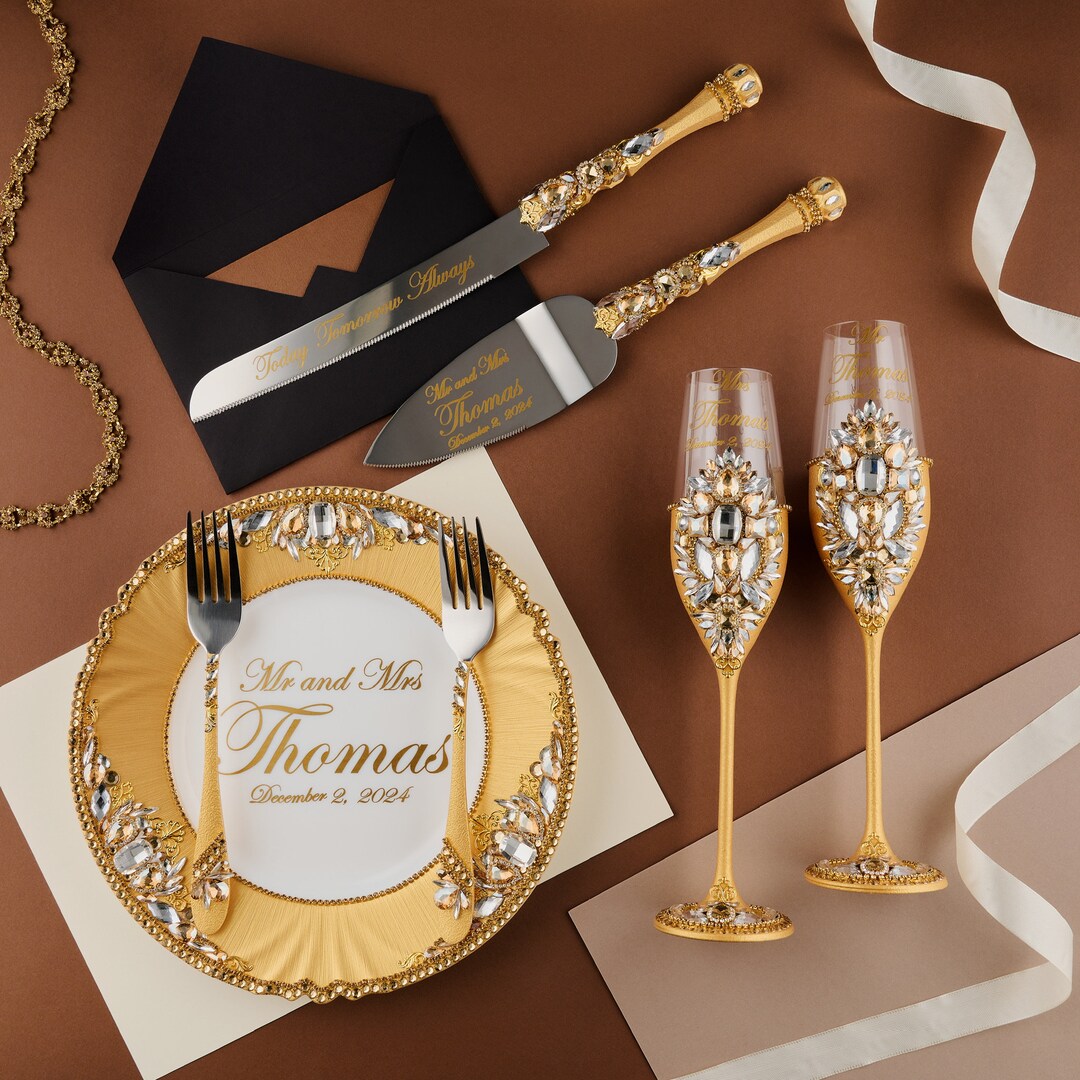 Gold Wedding Glasses Set, Cake Cutting Set Gold Wedding Engraved