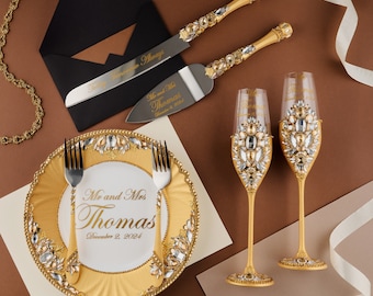 Gold wedding glasses set, cake cutting set gold wedding engraved, wedding cake knife and server, wedding cake cutter set