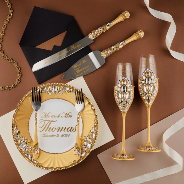 Gold wedding glasses set, cake cutting set gold wedding engraved, wedding cake knife and server, wedding cake cutter set