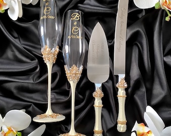 Personalized Ivory Wedding Cake Serving Set: Champagne Flutes, Knife