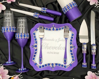 Purple wedding decor, cake cutting set, purple blue wedding cake server set and knife, champagne wedding glasses