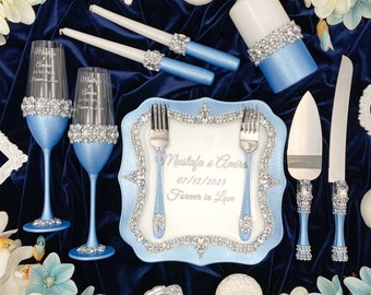 wedding cake cutting set, blue wedding cake server set and knife, sky blue champagne wedding glasses, sky blue wedding decor