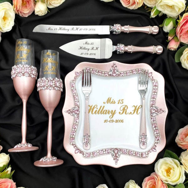 Quinceanera cake cutting set, Sweet 15 glasses, Rose gold wedding glasses, Powdery cake cutting set wedding, Pink champagne flute wedding