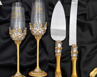 Wedding cake knife, toasting wedding flutes, gold cake cutting set wedding, gold wedding anniversary 50th