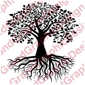 May include: Black silhouette of a tree with a thick trunk and many branches. The tree has a large, intricate root system.