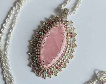 Pendant, Rose Quartz bead embroidered pendant on a fancy silver tone chain, one of a kind, hand crafted by myself
