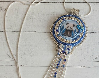 Pendant, Precious Panda  bead embroidered Pendant on a silver tone chain, handcrafted by myself,  gift for her