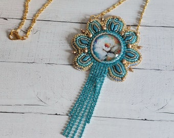 Pendant, Turquoise and gold Waterliy design bead embroidered Pendant on a gold tone chain , handcrafted by myself,  gift for her