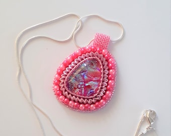 Pendant, Pink Dichronic glass Bead Embroidered pendant on a silver tone chain, one of a kind, hand crafted by myself
