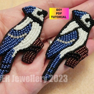 Bead Embroidery Tutorial, pattern,  Blue Jay bird, PDF Download to make your own brooch, pendant or  charm