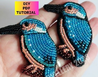 Bead Embroidery Tutorial, pattern,  Kingfisher  bird, PDF Download to make your own brooch, pendant or  charm
