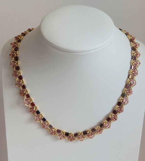 Red and Gold Beaded Collar Necklace: Handmade with Japanese and Tile Beads