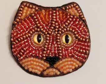 Brooch, Bead Embroidered Brooch,  Ginger Cat face, cute cat brooch, handcrafted by myself, cat lover, one of a kind