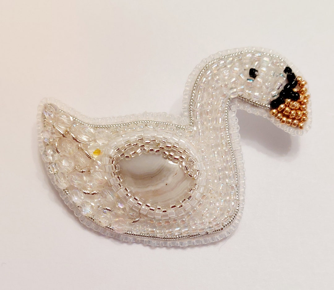 Brooch, Small White Swan Brooch , Bead Embroidered brooch, cute bird